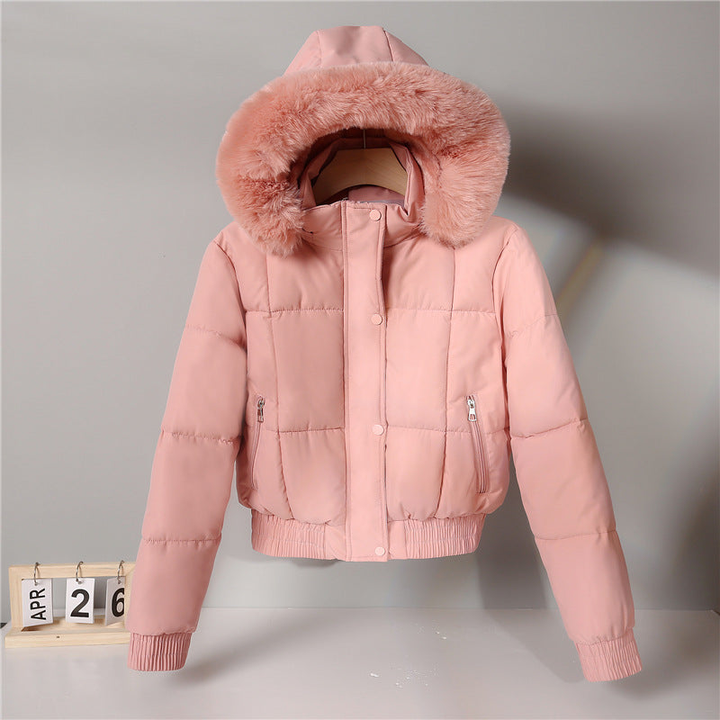 Chaqueta corta acolchada para mujer, con capucha y cuello de pelo sintético