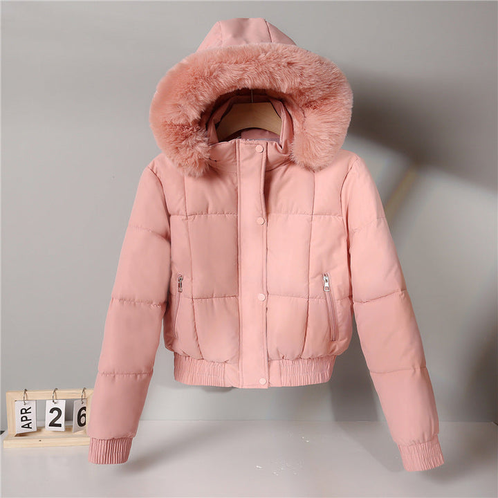 Chaqueta corta acolchada para mujer, con capucha y cuello de pelo sintético