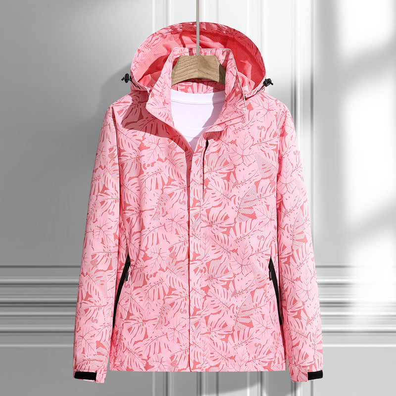 Chaqueta ligera impermeable y cortavientos para mujer, con capucha y patrón de hojas