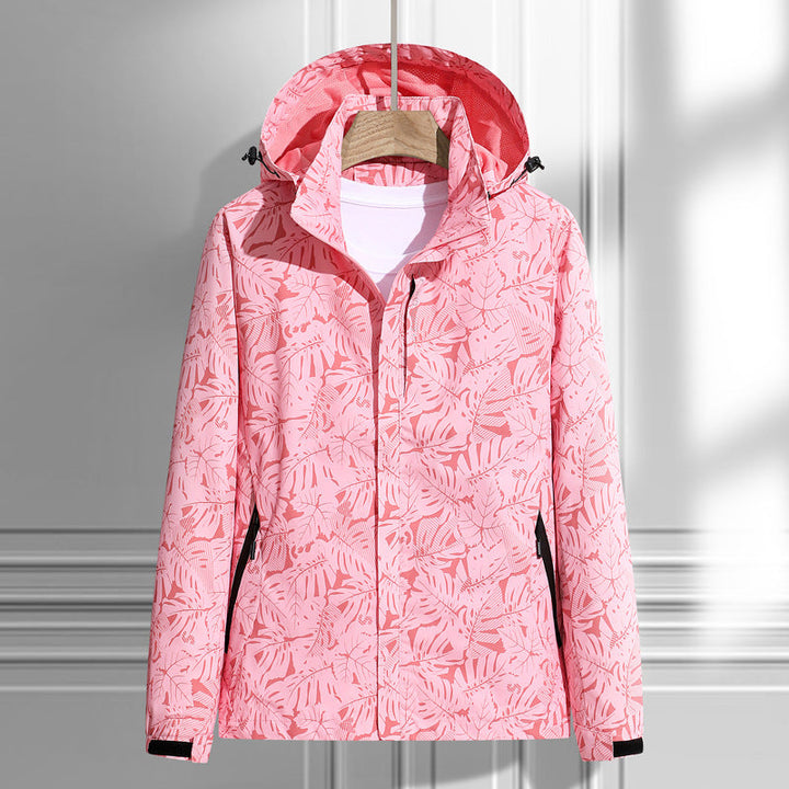 Chaqueta ligera impermeable y cortavientos para mujer, con capucha y patrón de hojas