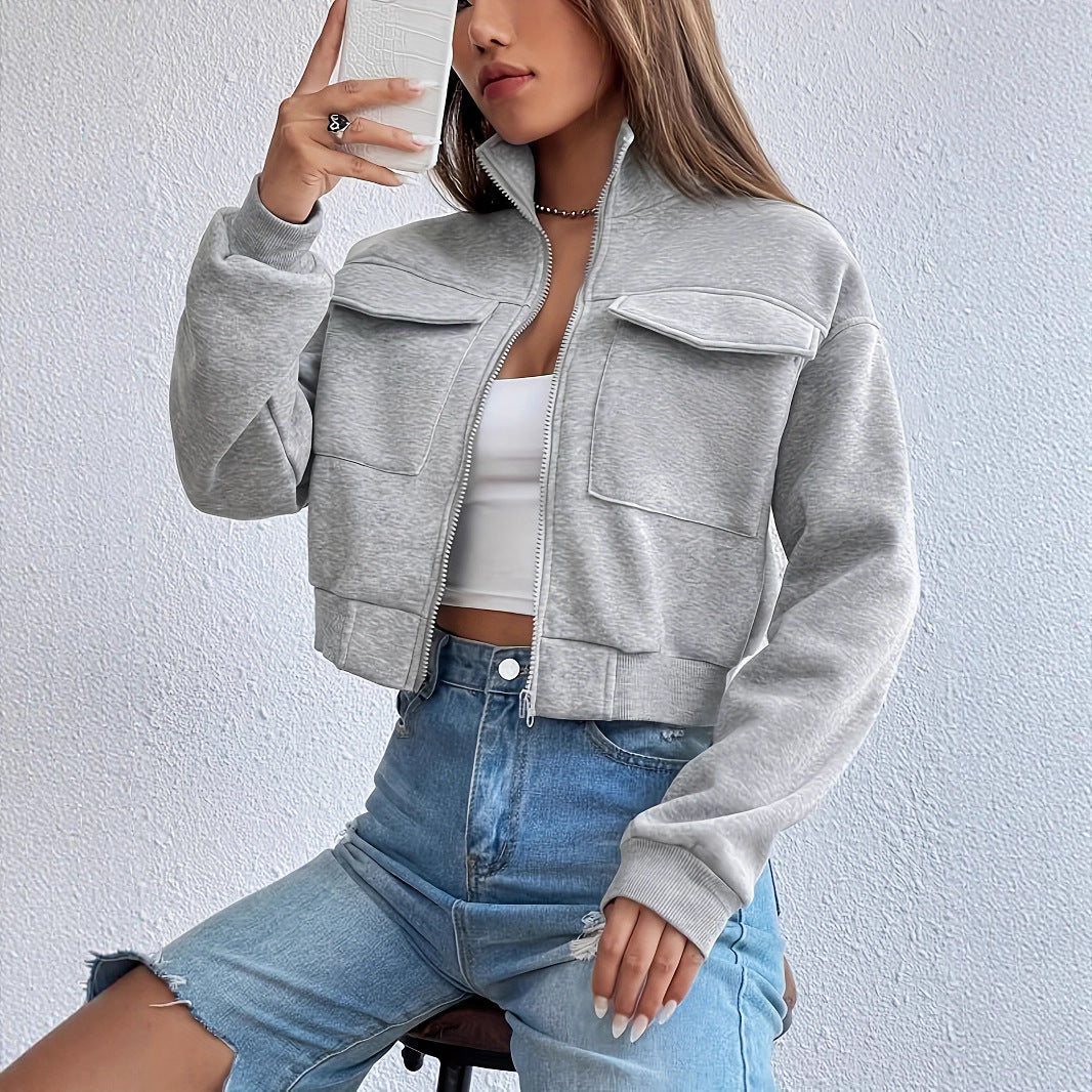 Chaqueta corta de ocio para mujer, con bolsillos y cremallera
