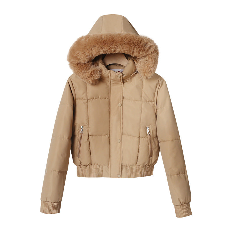Chaqueta corta acolchada para mujer, con capucha y cuello de pelo sintético