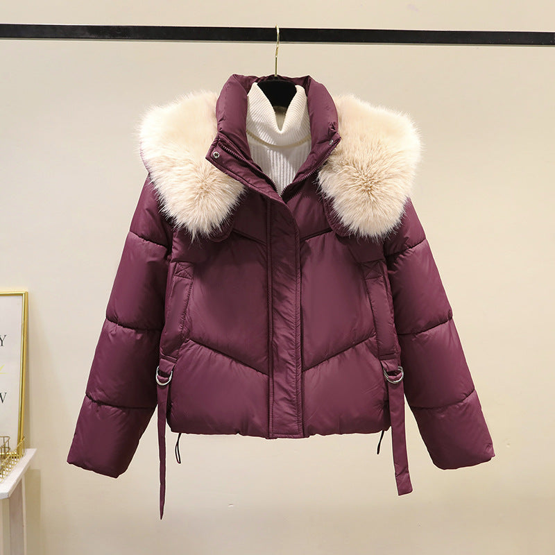 Abrigo corto acolchado de señora, con cuello voluminoso de pelo sintético y cinturón en la cintura