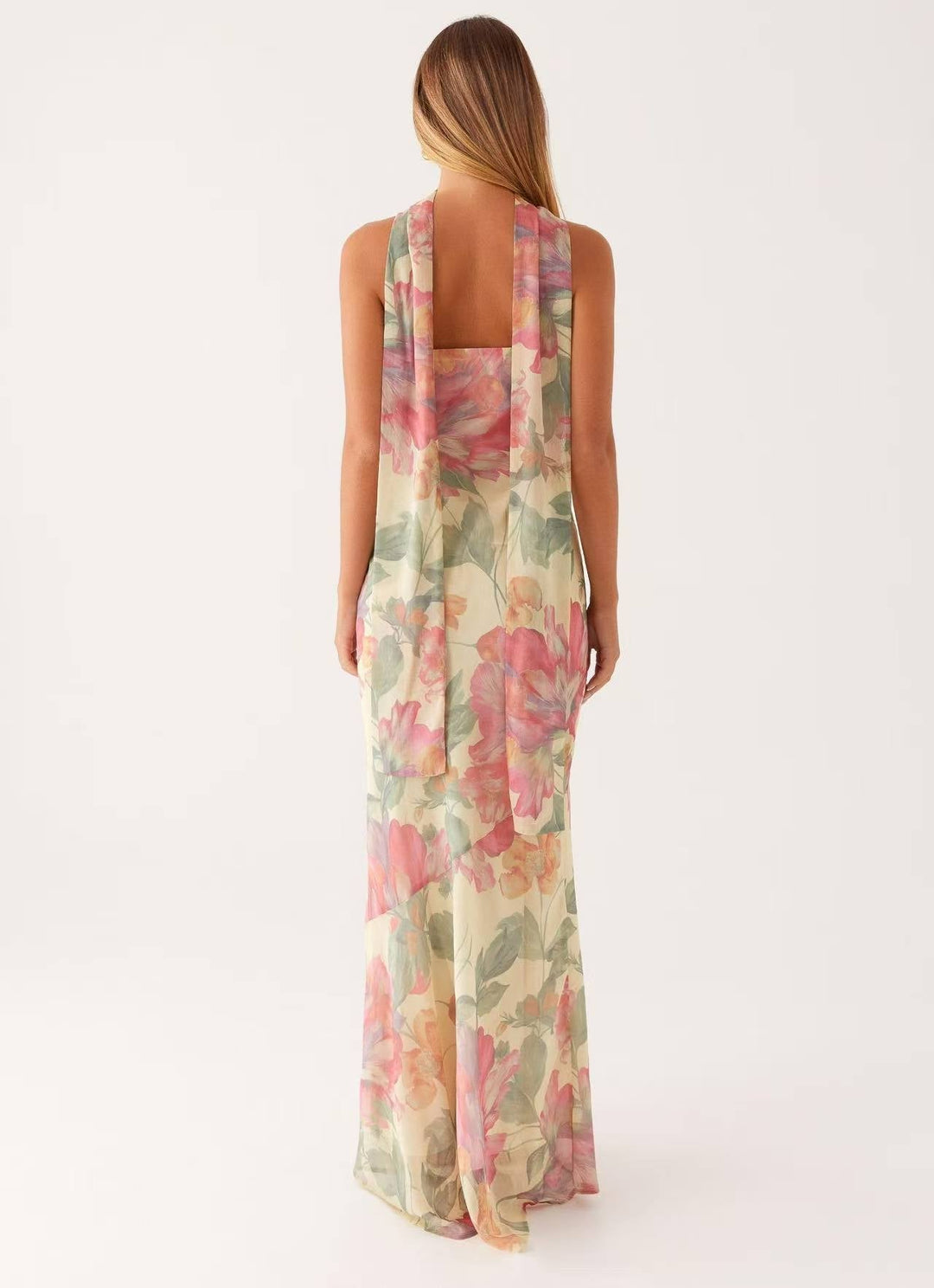 Vestido Maxi de mujer corte sirena con escote bandeau y cuello de bufanda integrado