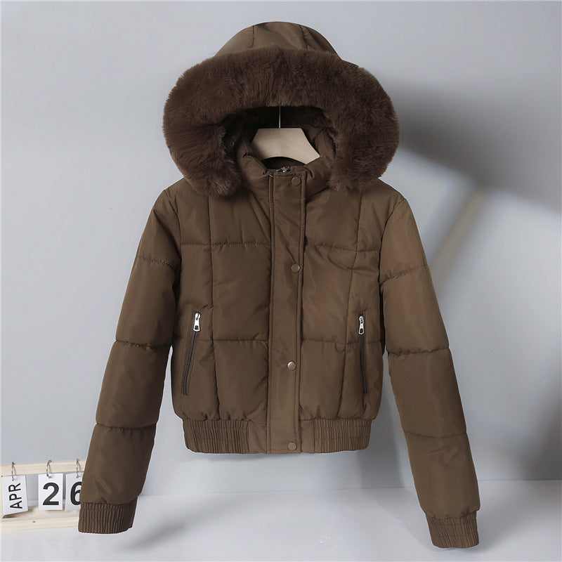 Chaqueta corta acolchada para mujer, con capucha y cuello de pelo sintético
