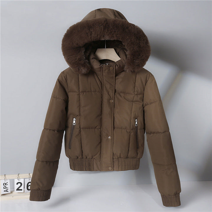 Chaqueta corta acolchada para mujer, con capucha y cuello de pelo sintético