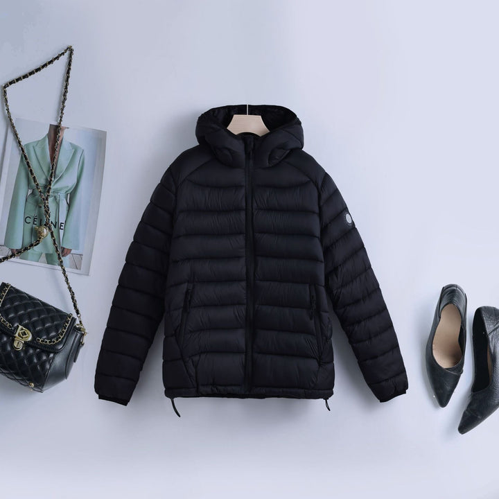 Abrigo de plumas ultraligero acolchado para mujer, con capucha y cordón ajustable en la cintura