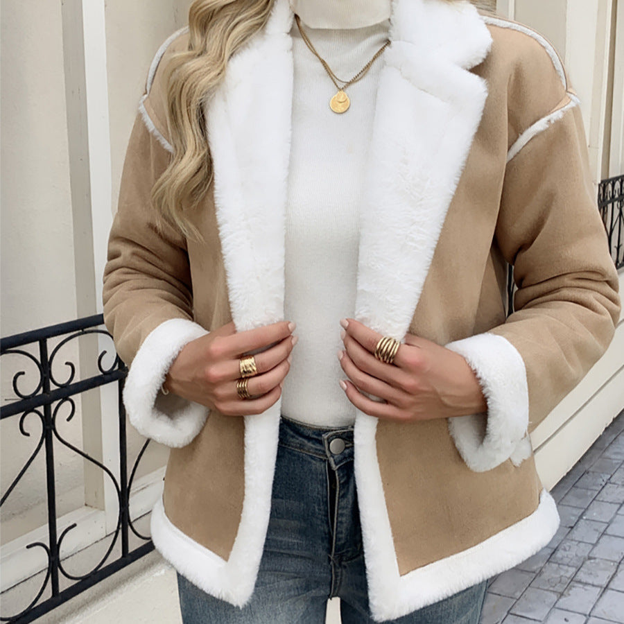 Abrigo de pelo teddy para mujer, con cuello de solapa y bolsillos prácticos