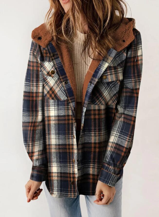 AMELIA™ - Abrigo de franela a cuadros con capucha para mujer, para el otoño y el invierno