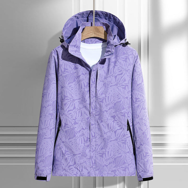 Chaqueta ligera impermeable y cortavientos para mujer, con capucha y patrón de hojas