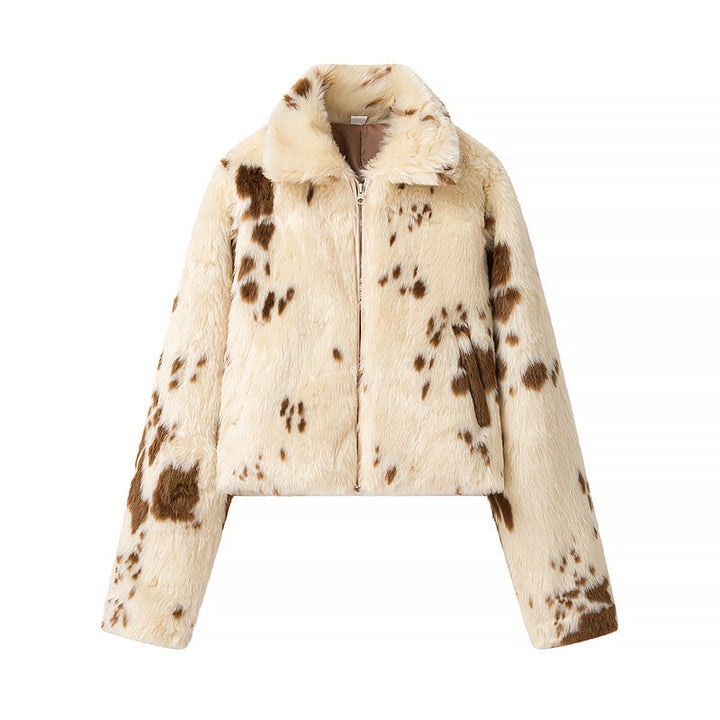 Chaqueta corta femenina con estampado de lunares, cuello alto y bolsillos