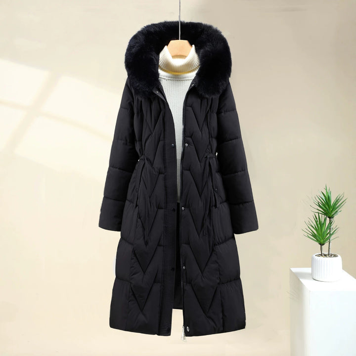 Parka larga de señora con capucha de pelo sintético desmontable y cordón de ajuste