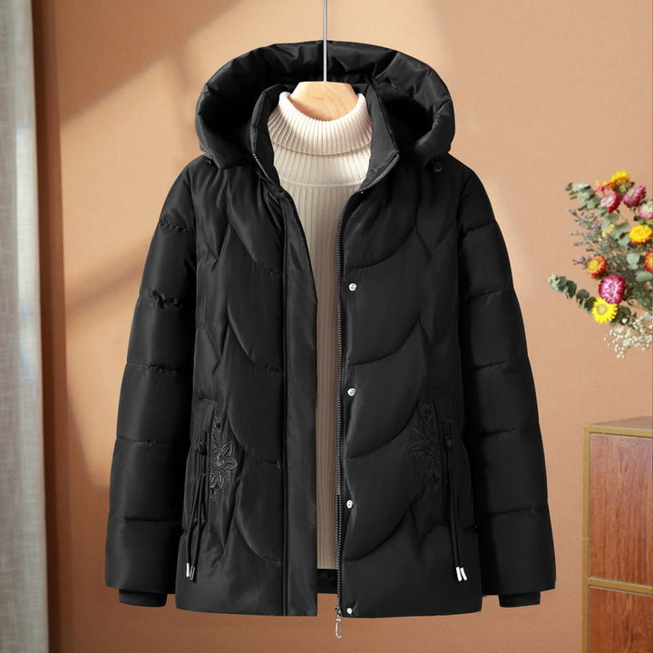 Abrigo térmico acolchado de exterior para mujer, con capucha y bordado floral