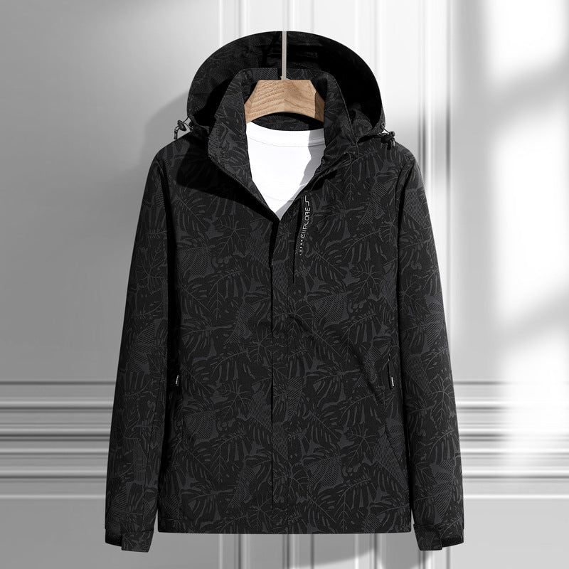 Chaqueta ligera impermeable y cortavientos para mujer, con capucha y patrón de hojas