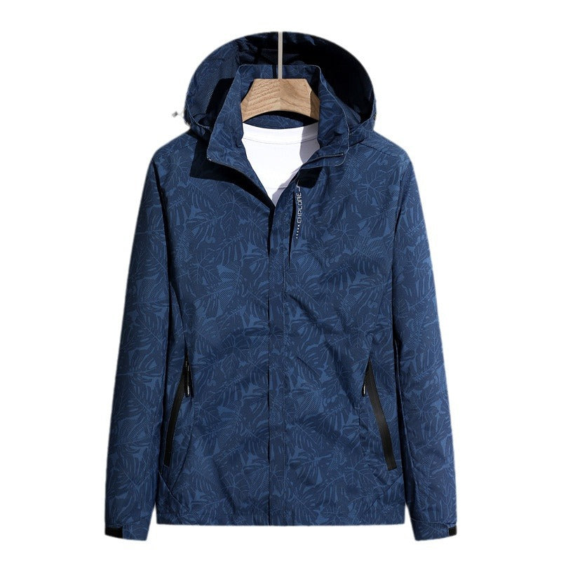 Chaqueta ligera impermeable y cortavientos para mujer, con capucha y patrón de hojas