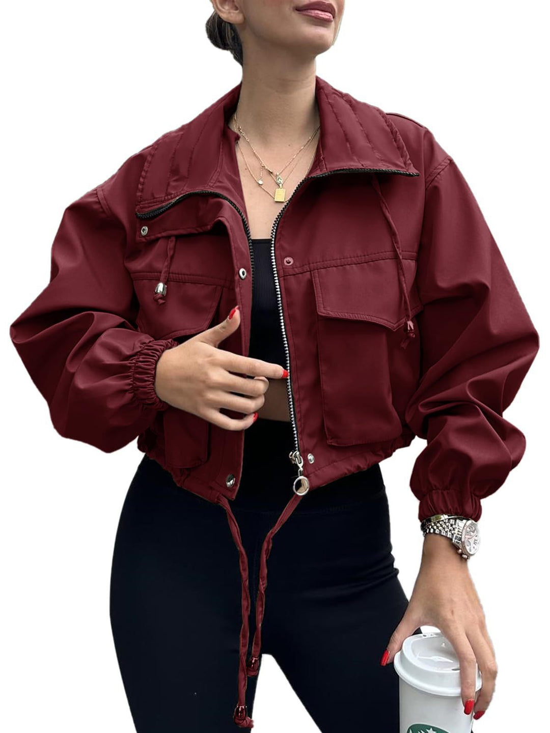 Chaqueta corta de señora con cordón ajustable y puños elásticos