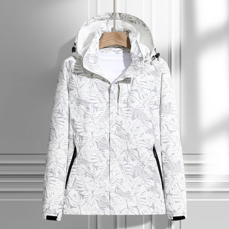 Chaqueta ligera impermeable y cortavientos para mujer, con capucha y patrón de hojas