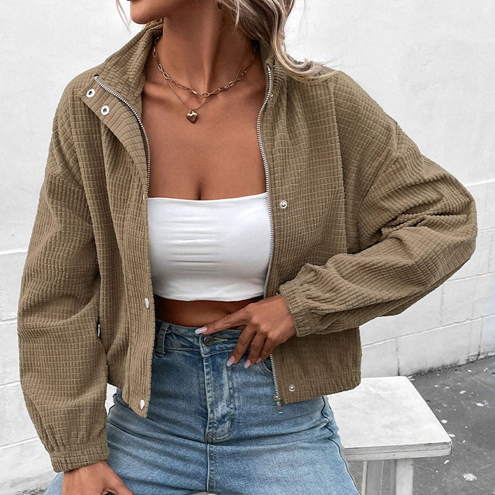 Chaqueta corta de manga larga para mujer con bolsillos