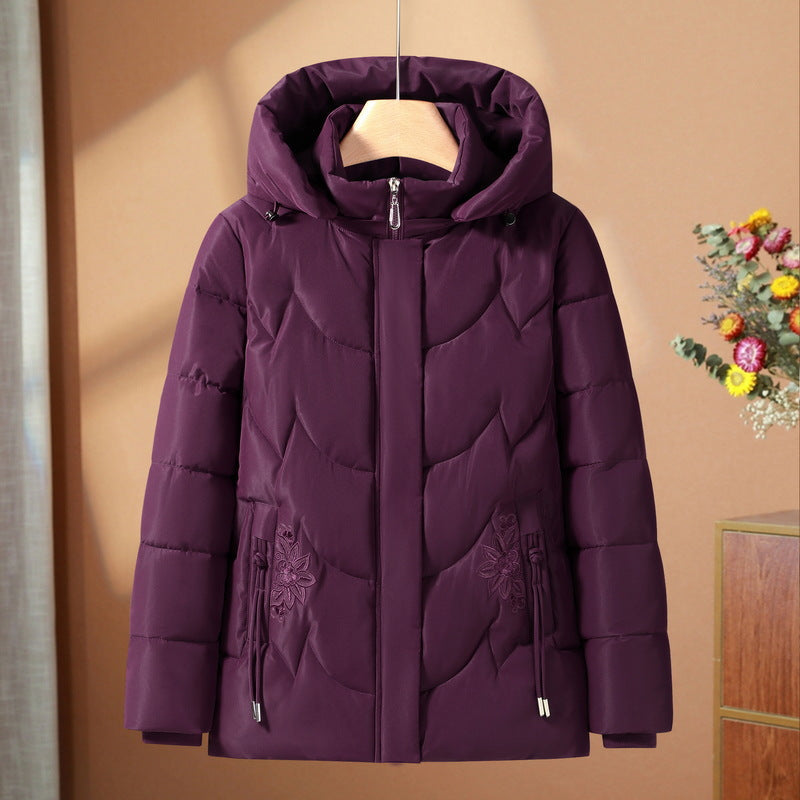 Abrigo térmico acolchado de exterior para mujer, con capucha y bordado floral