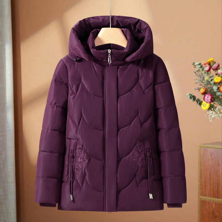Abrigo térmico acolchado de exterior para mujer, con capucha y bordado floral