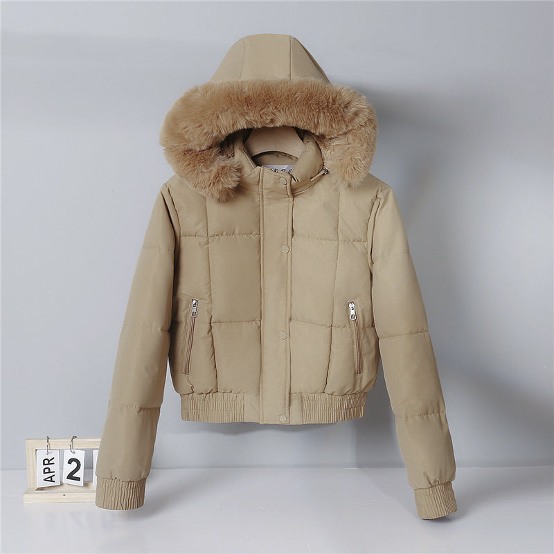 Chaqueta corta acolchada para mujer, con capucha y cuello de pelo sintético