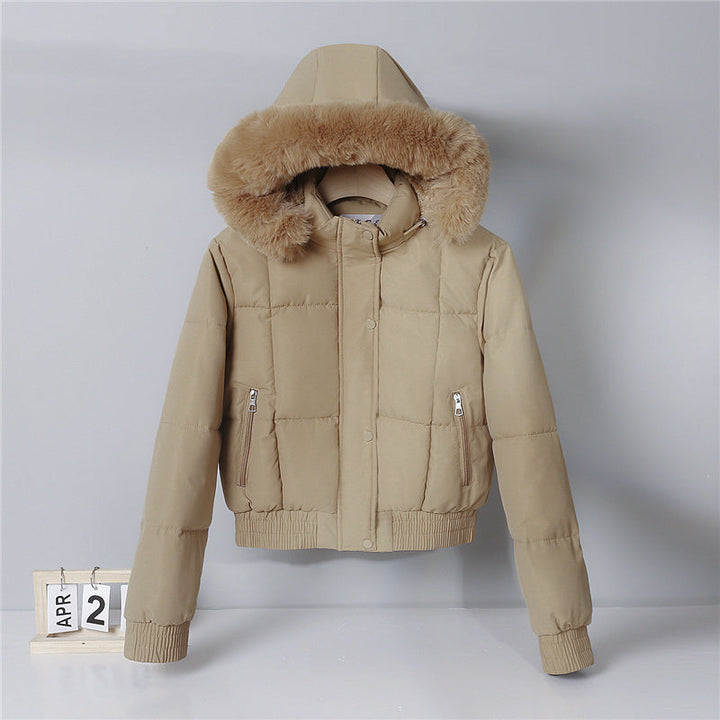 Chaqueta corta acolchada para mujer, con capucha y cuello de pelo sintético