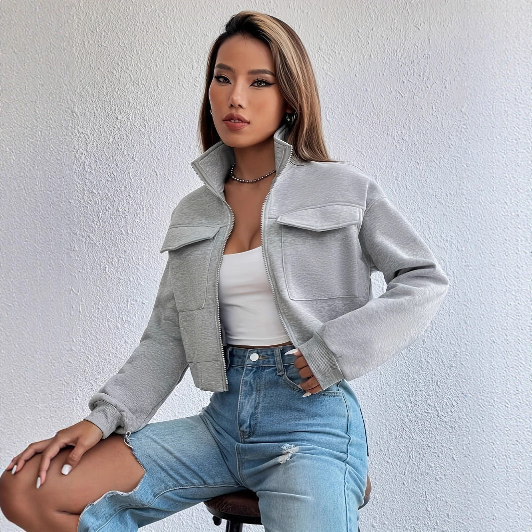 Chaqueta corta de ocio para mujer, con bolsillos y cremallera