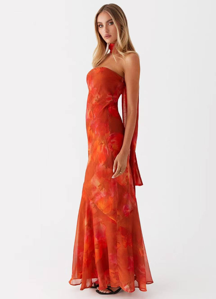 Vestido Maxi de mujer corte sirena con escote bandeau y cuello de bufanda integrado