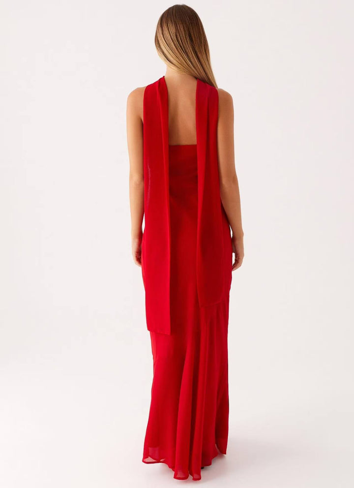 Vestido Maxi de mujer corte sirena con escote bandeau y cuello de bufanda integrado