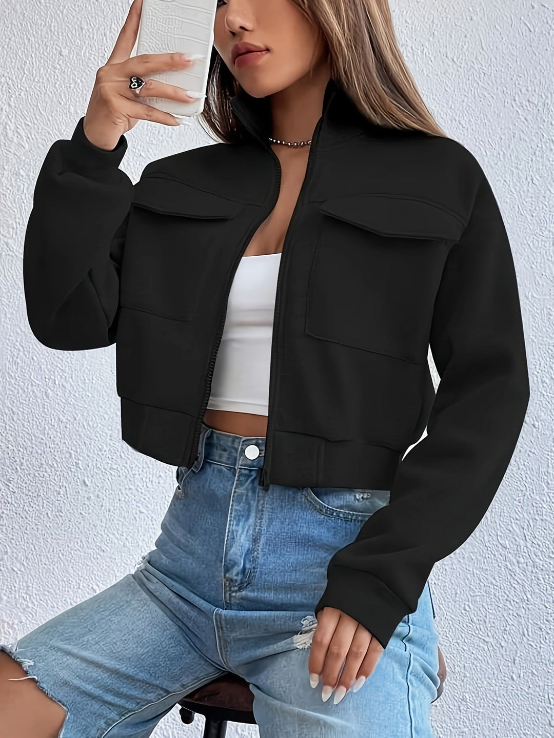 Chaqueta corta de ocio para mujer, con bolsillos y cremallera