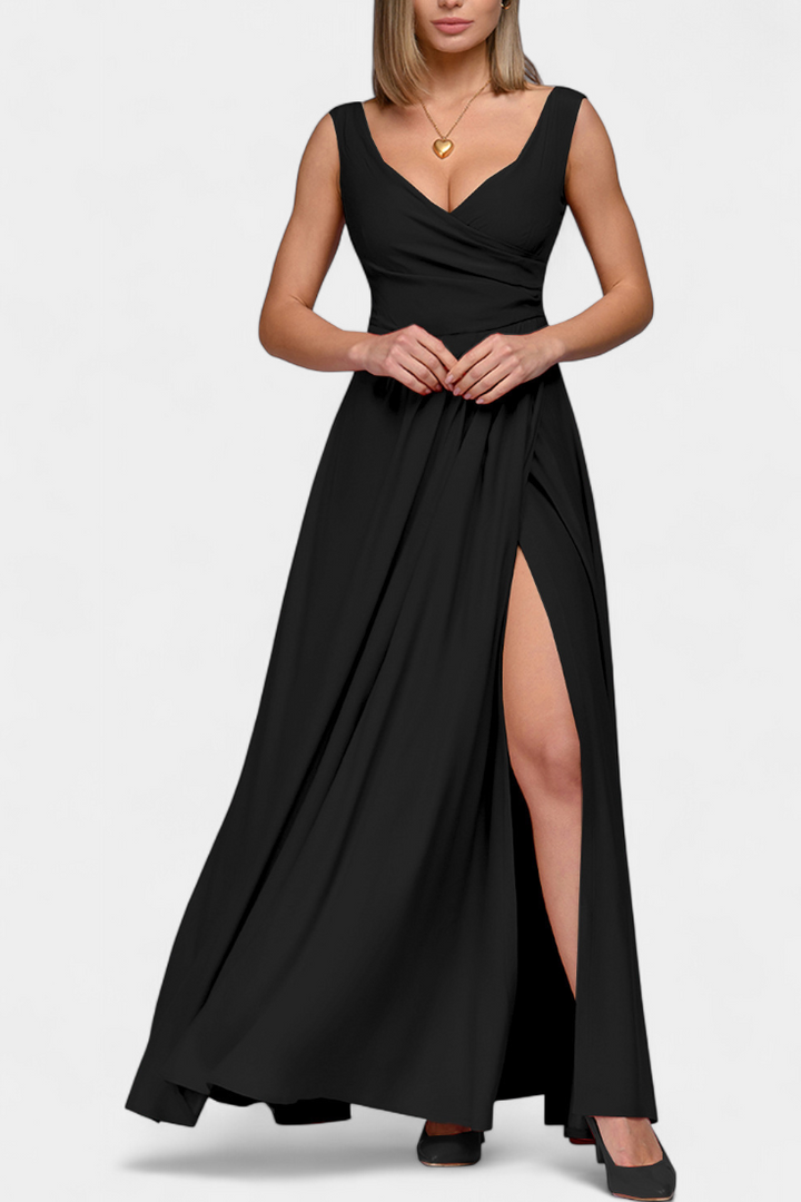Rocío Vestido Largo con Drapeado Frontal y Escote Cruzado