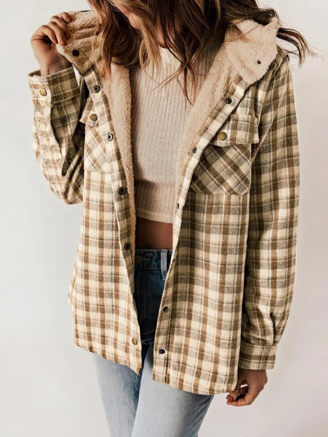 AMELIA™ - Abrigo de franela a cuadros con capucha para mujer, para el otoño y el invierno
