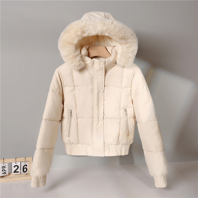 Chaqueta corta acolchada para mujer, con capucha y cuello de pelo sintético