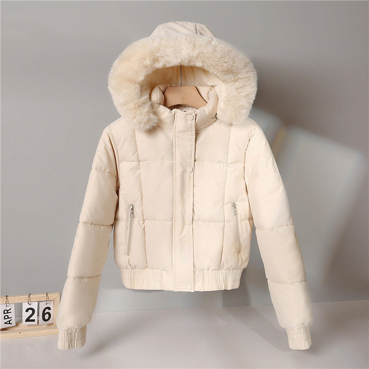 Chaqueta corta acolchada para mujer, con capucha y cuello de pelo sintético