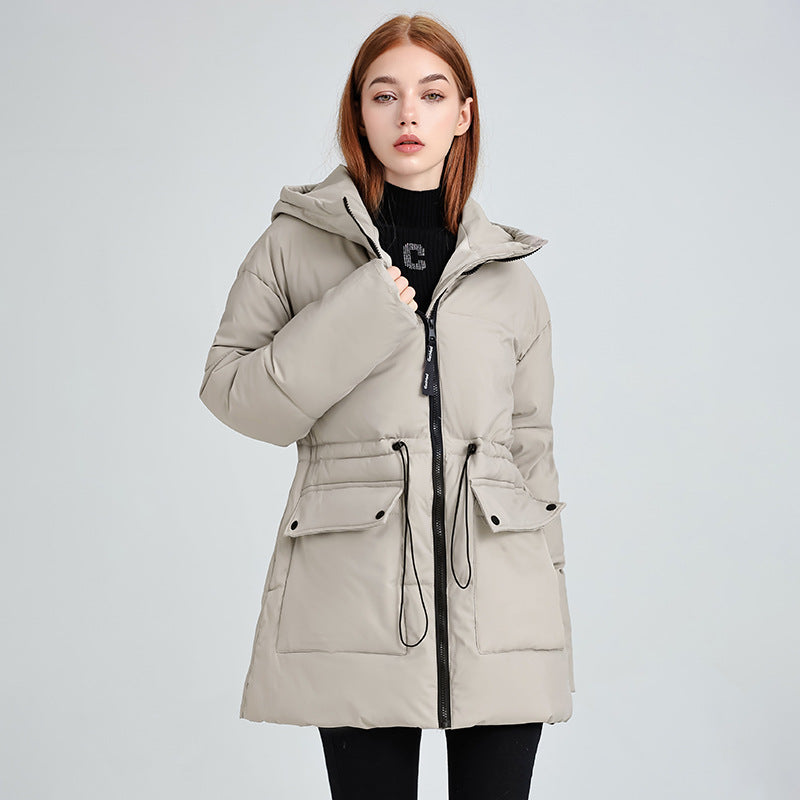 Parka térmica de longitud media para mujer, con cordón ajustable en la cintura y capucha