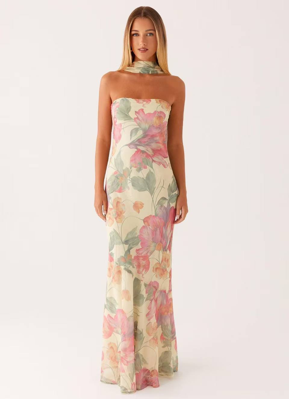 Vestido Maxi de mujer corte sirena con escote bandeau y cuello de bufanda integrado