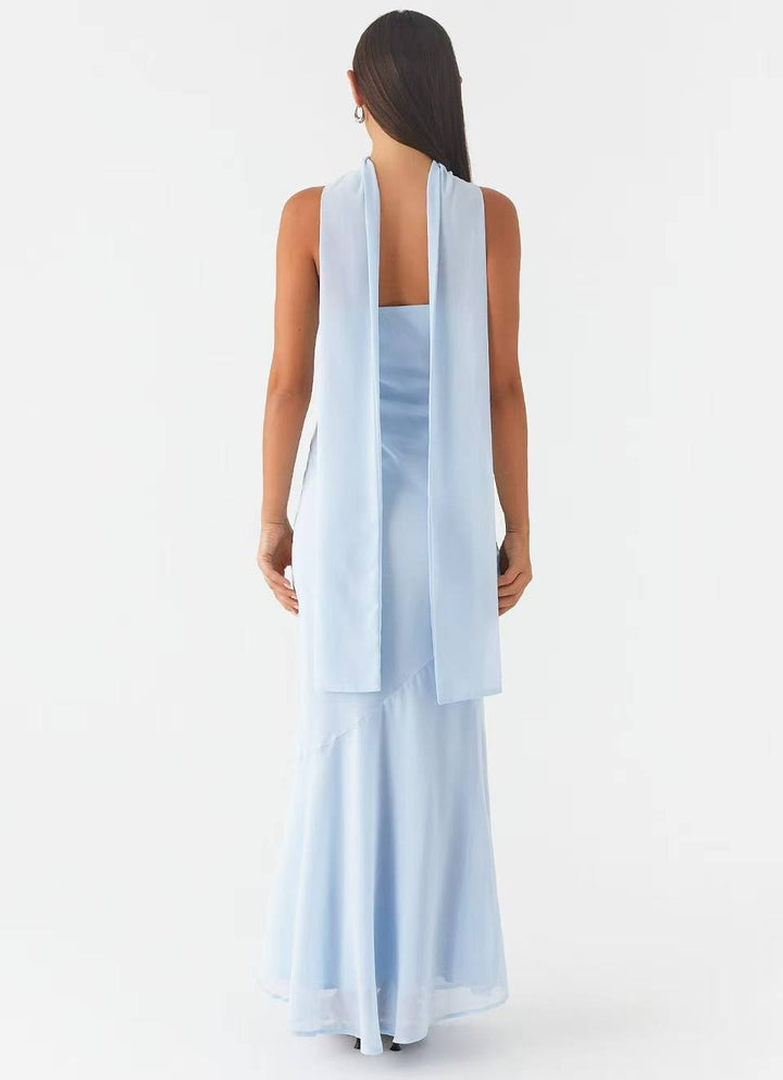 Vestido Maxi de mujer corte sirena con escote bandeau y cuello de bufanda integrado