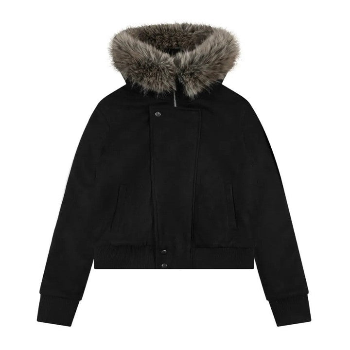 Chaqueta bomber corta de señora con capucha voluminoso y puños con abertura para el pulgar