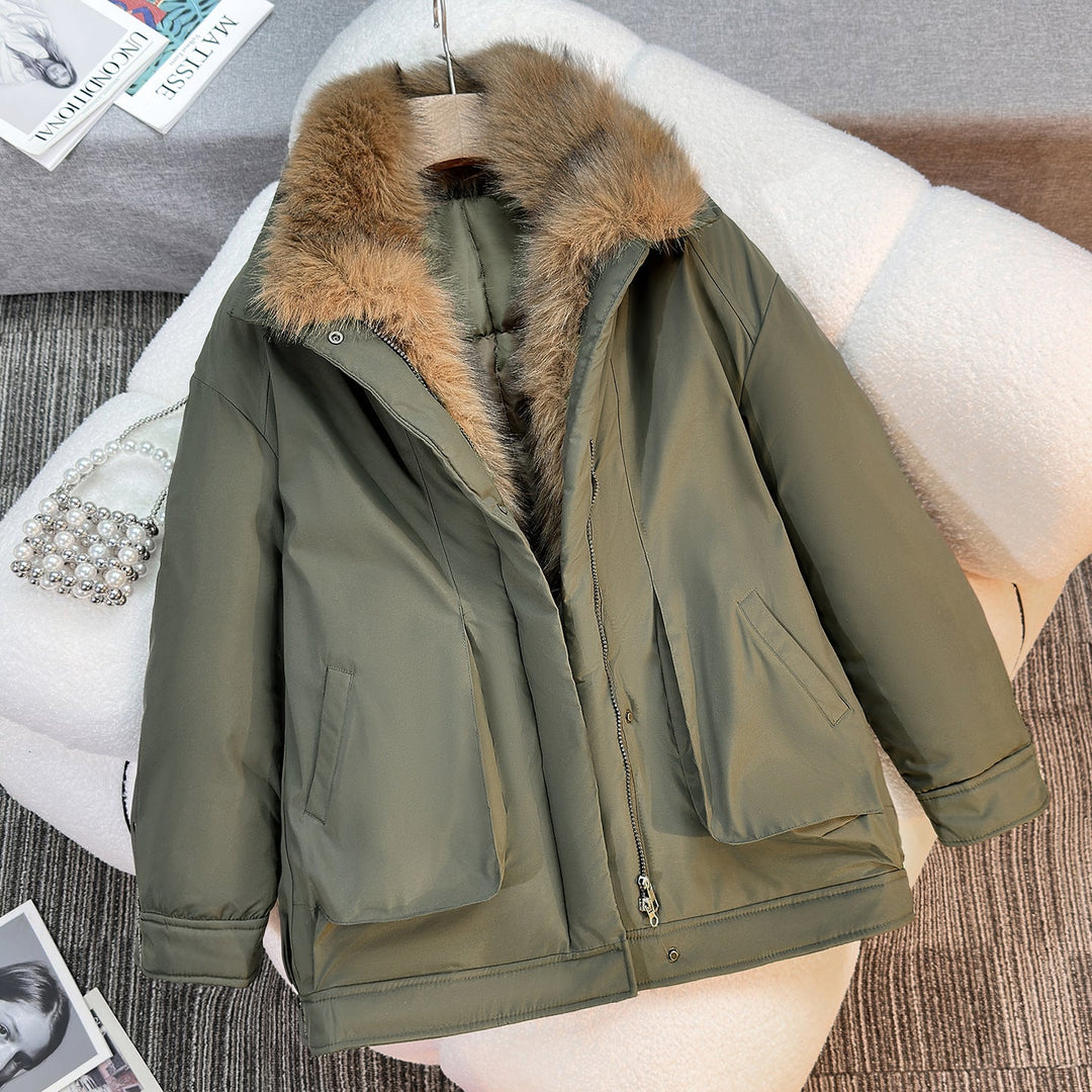Parka de invierno femenino de longitud media con cuello de pelo sintético removible