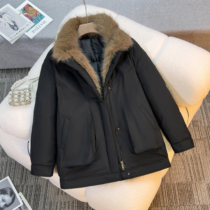 Parka de invierno femenino de longitud media con cuello de pelo sintético removible