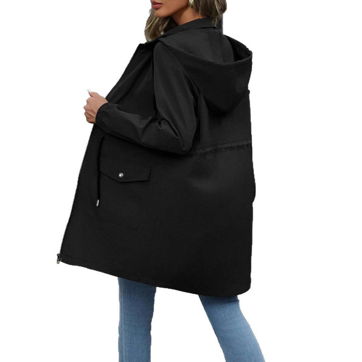 Abrigo impermeable de media estación para mujer, con cordón ajustable en la cintura y capucha