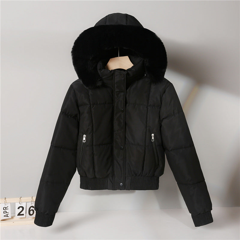 Chaqueta corta acolchada para mujer, con capucha y cuello de pelo sintético