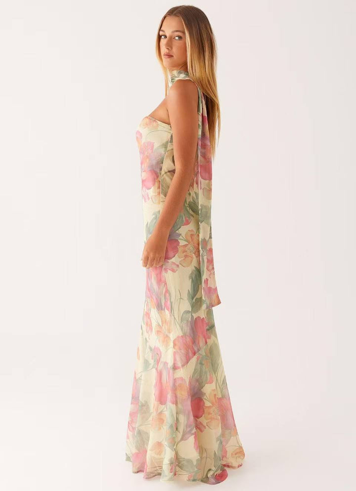 Vestido Maxi de mujer corte sirena con escote bandeau y cuello de bufanda integrado