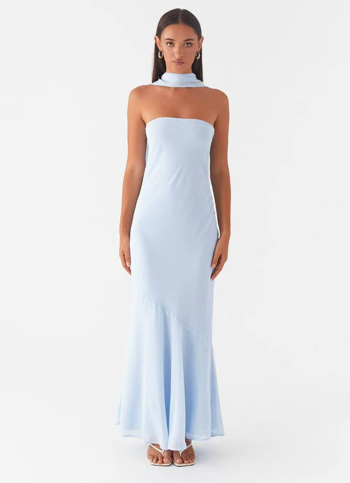 Vestido Maxi de mujer corte sirena con escote bandeau y cuello de bufanda integrado