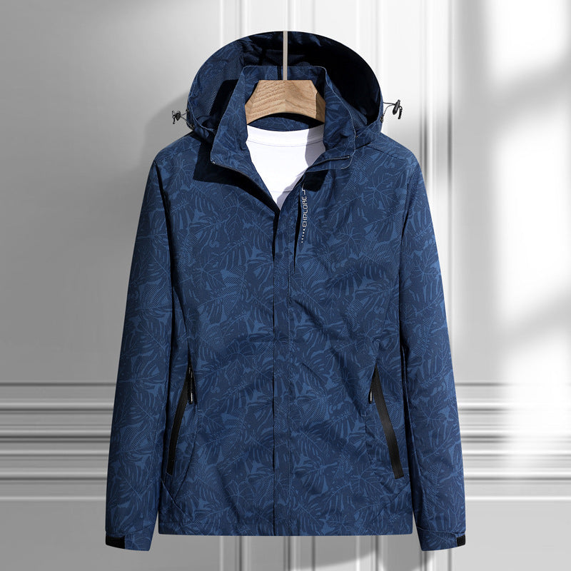 Chaqueta ligera impermeable y cortavientos para mujer, con capucha y patrón de hojas