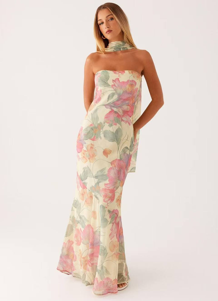 Vestido Maxi de mujer corte sirena con escote bandeau y cuello de bufanda integrado