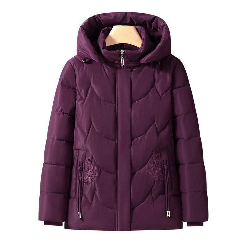 Abrigo térmico acolchado de exterior para mujer, con capucha y bordado floral