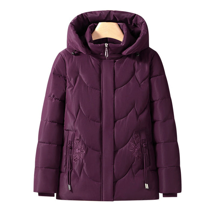 Abrigo térmico acolchado de exterior para mujer, con capucha y bordado floral