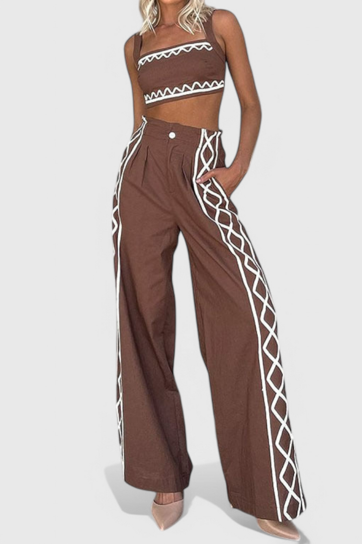 Mirella Conjunto Crop y Pantalones Anchos de Estampado Zigzag