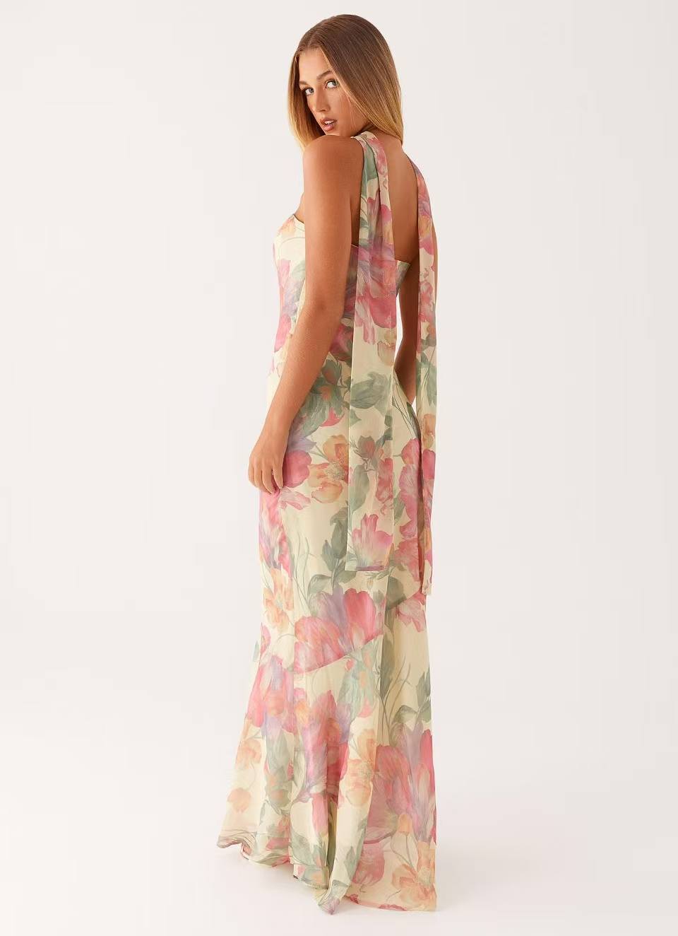 Vestido Maxi de mujer corte sirena con escote bandeau y cuello de bufanda integrado